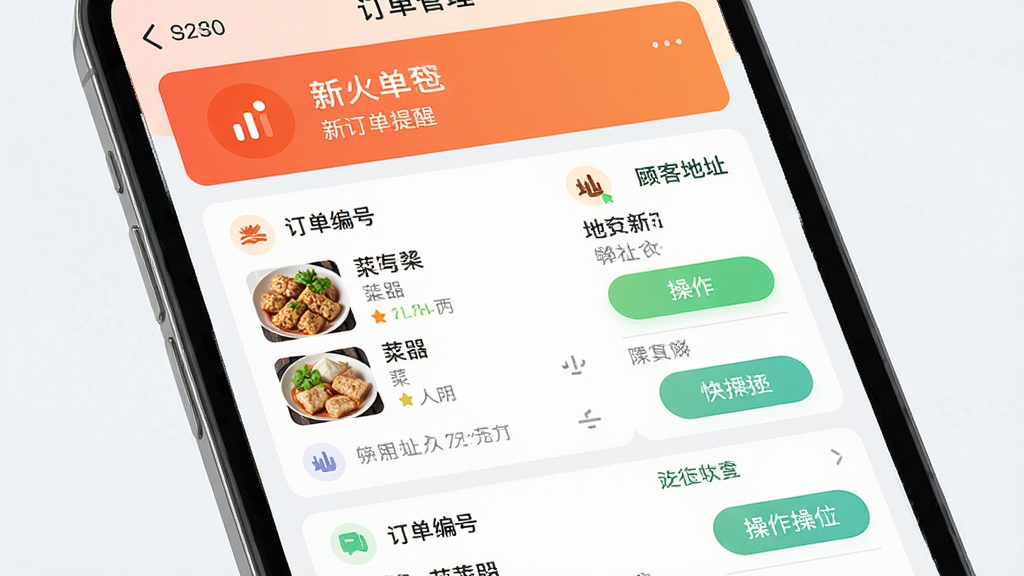 一张手机应用界面截图,展示星火外卖商家端的订单管理页面,屏幕上方有醒目的新订单提醒横幅,中间是订单卡片列表,每张卡片显示订单编号、菜品明细、顾客地址和操作按钮,布局为垂直列表,风格为清新浅色系,细节包括图标、文字标签、状态颜色区分,画质高清,干净,无多余元素