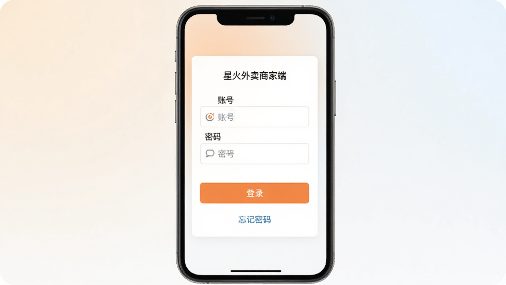一张手机应用界面截图,展示星火外卖商家端的登录页面,屏幕中有账号密码输入框和登录按钮,背景为浅色渐变,布局为居中卡片式,风格为清新简约,细节包括输入框图标、按钮颜色、底部忘记密码链接,画质高清,干净,无多余元素