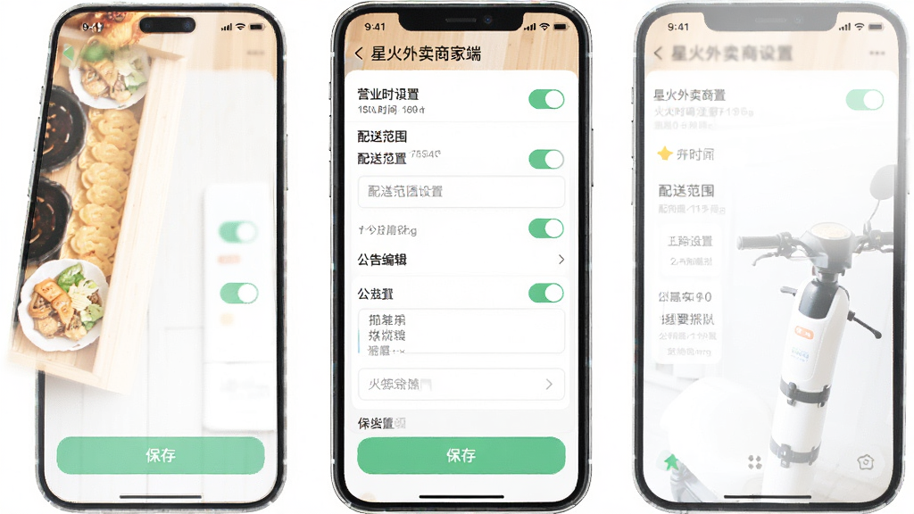 一张手机应用界面截图,展示星火外卖商家端的店铺设置页面,屏幕中显示营业时间设置、配送范围设置、公告编辑等选项,布局为垂直列表,风格为清爽素雅风,细节包括开关按钮、输入框、保存按钮,画质高清,干净,无多余元素