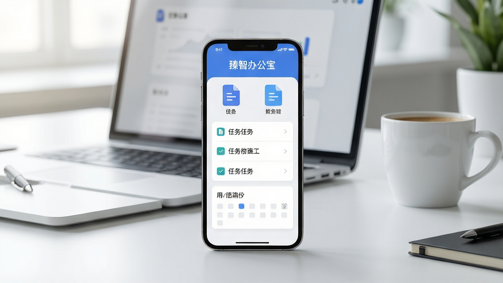 一张展示现代商务办公场景的图片,画面中央是一部智能手机,屏幕上显示“臻智办公宝”应用程序的主界面,界面中包含文档图标、任务列表和日程卡片。背景是整洁的办公桌,有笔记本电脑和咖啡杯。布局采用中心构图,风格为现代简约商务风,细节包括柔和的自然光、清晰的软件界面元素、干净的桌面环境。画质清晰,4K分辨率,整体干净,无多余元素。