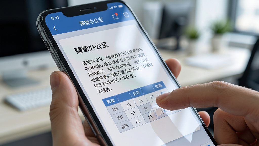 一部智能手机屏幕特写,显示“臻智办公宝”文档编辑界面,画面中有文字段落和表格,手指正在触摸屏幕进行滑动操作。背景为虚化的办公室环境。布局为手持设备特写,风格写实科技感,细节包括屏幕反光、清晰的文字排版、简洁的工具栏图标。画质高清,干净,无多余元素。