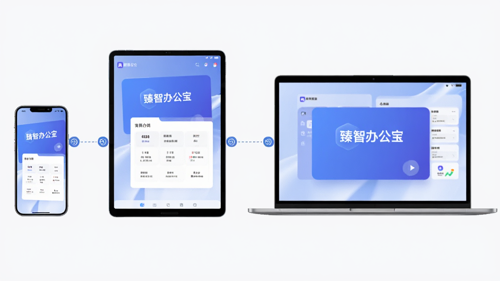 一部手机、一台平板和一台笔记本电脑并排展示,屏幕上都显示“臻智办公宝”的界面,设备之间用虚线连接表示同步。布局为横向排列,风格为现代极简,细节包括设备边框、同步图标、统一的界面风格。画质清晰,背景干净,无多余元素。