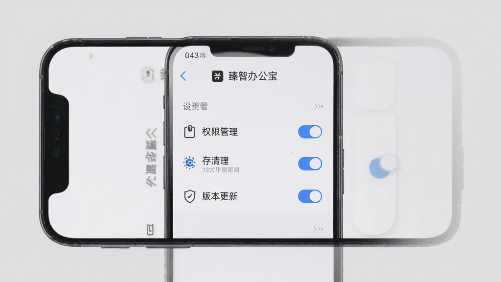 一部手机屏幕显示“臻智办公宝”的设置界面,界面中有权限管理、缓存清理、版本更新等选项。布局为正面平视,风格简洁实用,细节包括清晰的菜单项、开关按钮、图标。画质清晰,背景为纯色,干净,无多余元素。