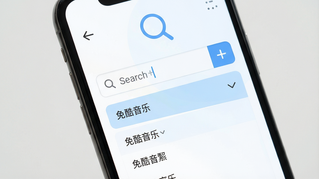 免酷音乐搜索界面展示,手机屏幕中显示搜索输入框和下拉联想词列表,背景为白色与淡蓝色搭配,画面中有放大镜图标,风格清爽,画质清晰,干净无多余元素