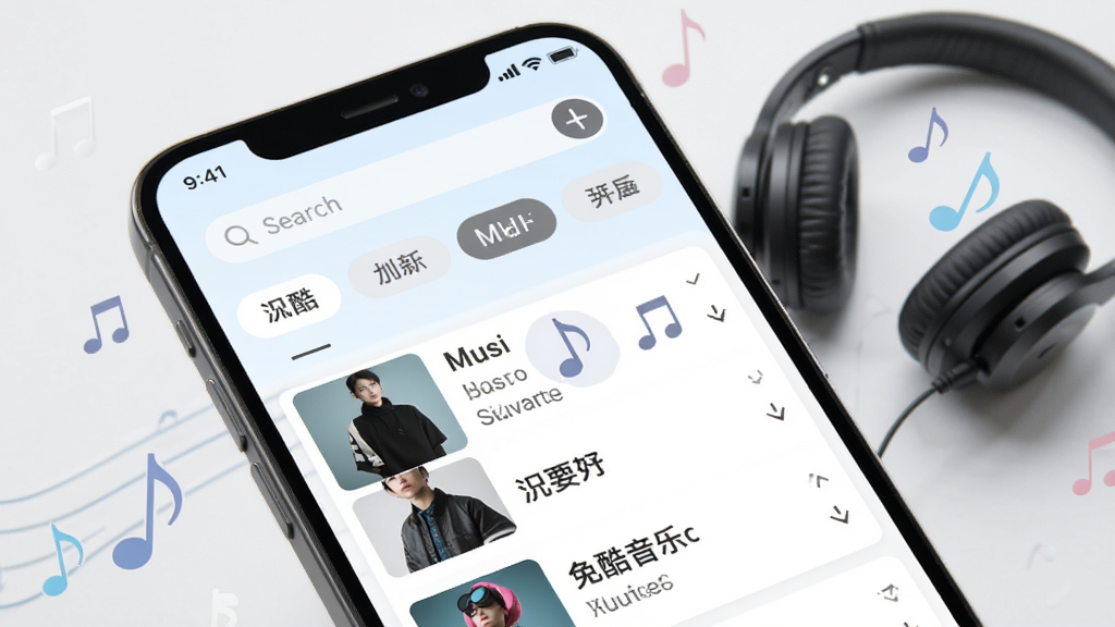 免酷音乐曲库界面展示,手机屏幕中显示多个音乐分类标签和歌曲列表,屏幕上方有搜索栏,背景为浅色系,画面中有耳机和音符元素点缀,风格现代简约,画质清晰,干净无多余元素