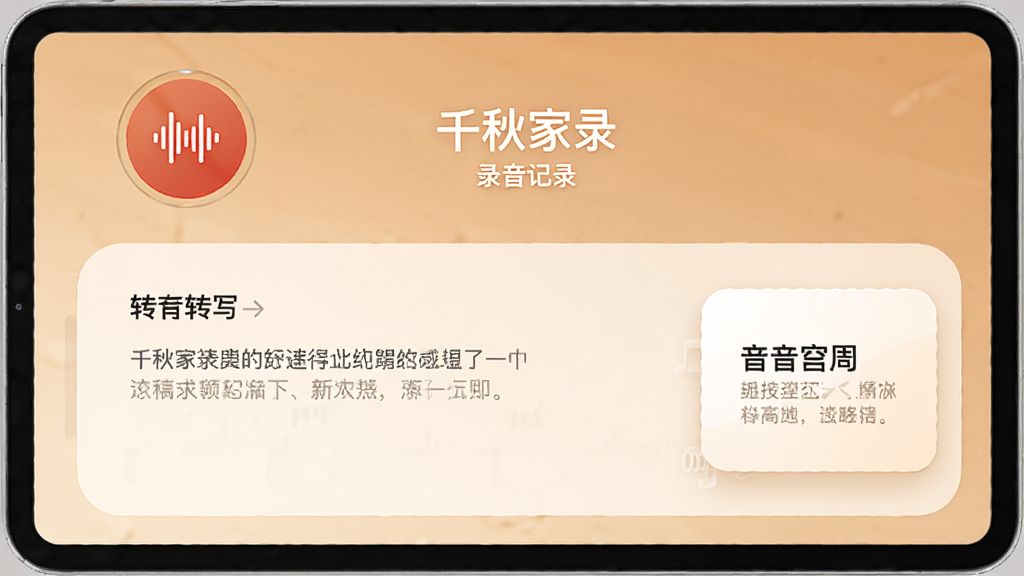 千秋家录 录音记录界面,主体为录音按钮和文字转写区域,布局上下结构,排版清晰,风格温暖柔和,细节包含声波图标和文字卡片,画质高清,干净,无多余元素