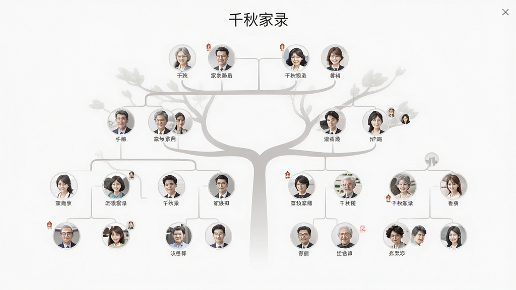 千秋家录 家族树界面,主体为树状结构的家族成员关系图,布局居中,排版层次分明,风格现代简约,细节包含成员头像和连接线,画质高清,干净,无多余元素