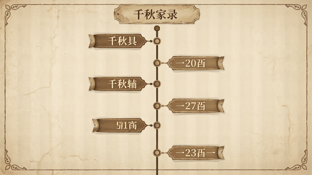 千秋家录 时间轴界面,主体为垂直时间线,布局纵向排列,排版整洁,风格复古怀旧,细节包含事件节点和日期标签,画质高清,干净,无多余元素