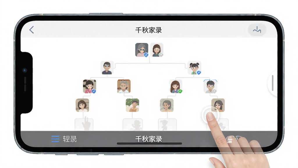 千秋家录 操作界面截图,主体为手机屏幕显示家族树编辑界面,布局居中,排版清晰,风格简约实用,细节包含手指点击图标和菜单栏,画质高清,干净,无多余元素