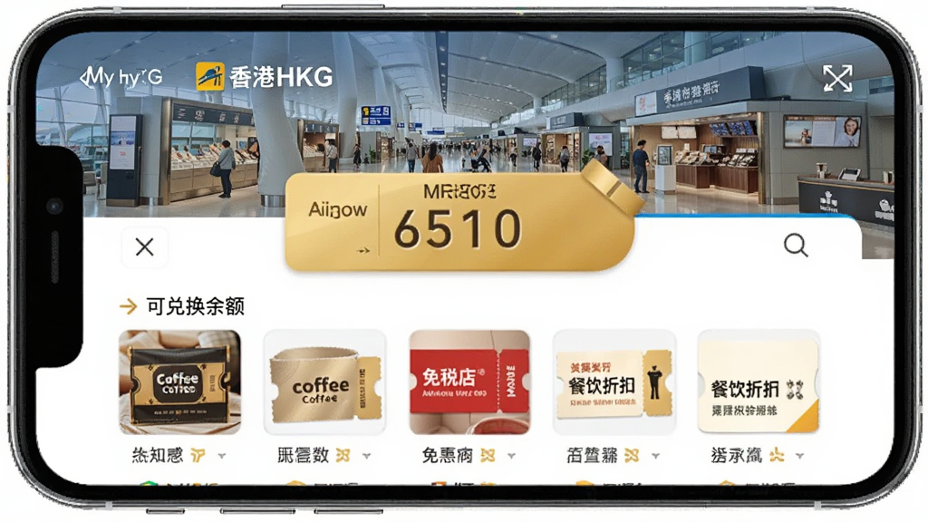 一张展示手机购物奖赏界面的图片,手机屏幕中显示My HKG应用奖赏页面,页面有积分余额数字、可兑换商品缩略图如咖啡券、免税店优惠券、餐饮折扣券等,页面顶部有香港国际机场购物区域背景,整体风格温馨明亮,金色与蓝色点缀,画质清晰,干净,无多余元素
