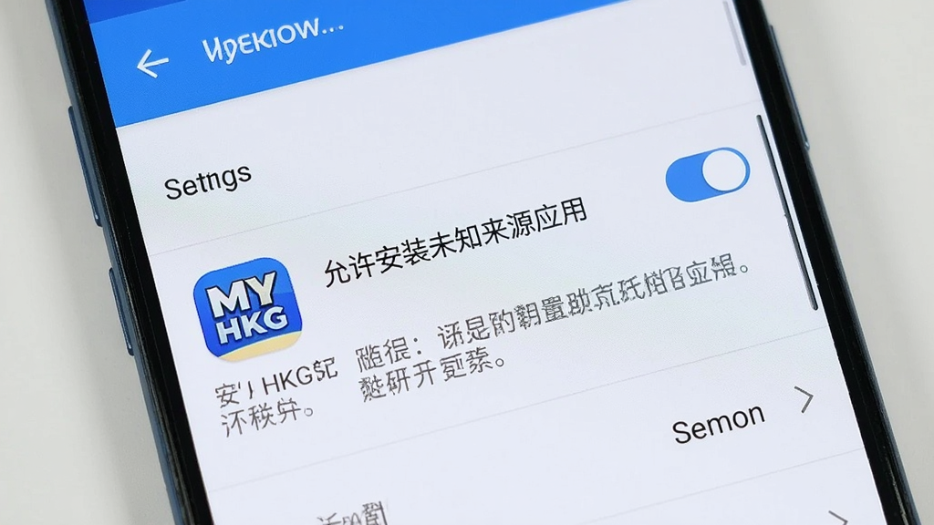一张展示安卓手机安装应用权限设置界面的图片,屏幕中显示“允许安装未知来源应用”开关按钮,旁边有My HKG应用图标和安全提示文字,背景是简洁的手机设置菜单,整体风格清晰明了,蓝白配色,画质清晰,干净,无多余元素