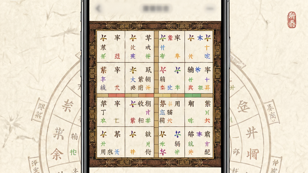 一张展示万宗紫微排盘结果的手机截图风格图片,画面主体为手机屏幕内十二宫格命盘,宫位内标注主星、辅星与四化标记,布局为手机正面居中,背景为浅米色宣纸纹理,风格为古典命理卷轴与现代界面融合,细节包括宫位边框细腻、星曜文字清晰可辨、四化颜色区分明显,画质高清,画面干净,无多余元素。