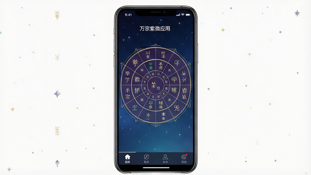 一张展示万宗紫微应用主界面的手机预览图,画面中央是一部竖屏智能手机,屏幕内显示紫微斗数十二宫格命盘,宫位内标注星曜名称,整体布局为手机居中展示,背景为深蓝色星空渐变,风格为古典东方美学与现代UI结合,细节包括宫位线条工整、星曜文字清晰、底部有功能导航栏,画质高清,画面干净,无多余元素。