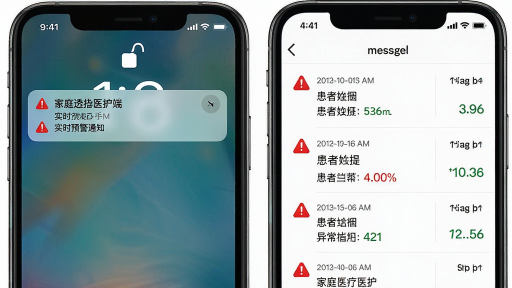 家庭透析医护端实时预警通知界面,主体为手机锁屏通知和App内消息列表,布局为上下排列展示多条预警信息,排版紧凑信息密度高,风格为紧急医疗提醒,细节包括红色预警图标、时间戳、患者姓名和异常指标数值,画质高清干净无多余元素