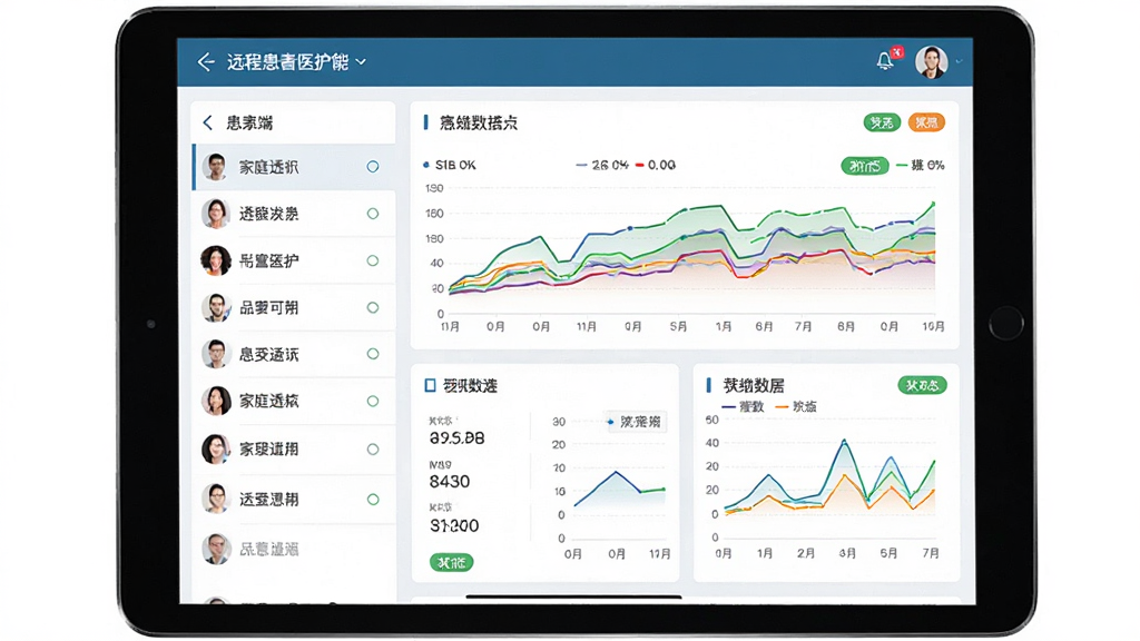 家庭透析医护端远程患者管理功能界面,主体为平板电脑展示患者数据看板,布局为左侧患者列表右侧详细数据图表,排版整洁有序,风格为专业医疗信息可视化,细节包括彩色趋势线、数据卡片、状态标签,画质高清干净无多余元素