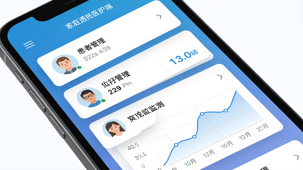 家庭透析医护端手机应用界面展示,主体为一部智能手机,屏幕显示透析患者管理列表和数据监测图表,布局为居中构图,排版简洁清晰,风格为现代医疗科技风,细节包括蓝色渐变背景、白色卡片式界面、患者头像和数据曲线,画质高清干净无多余元素