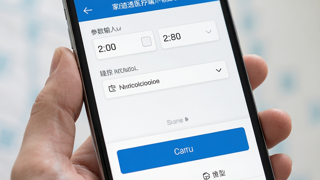 家庭透析医护端透析方案制定界面,主体为手机屏幕展示处方编辑页面,布局为上下结构上方为参数输入区下方为确认按钮,排版清晰直观,风格为医疗级专业界面,细节包括数字输入框、下拉选择菜单、蓝色确认按钮,画质高清干净无多余元素
