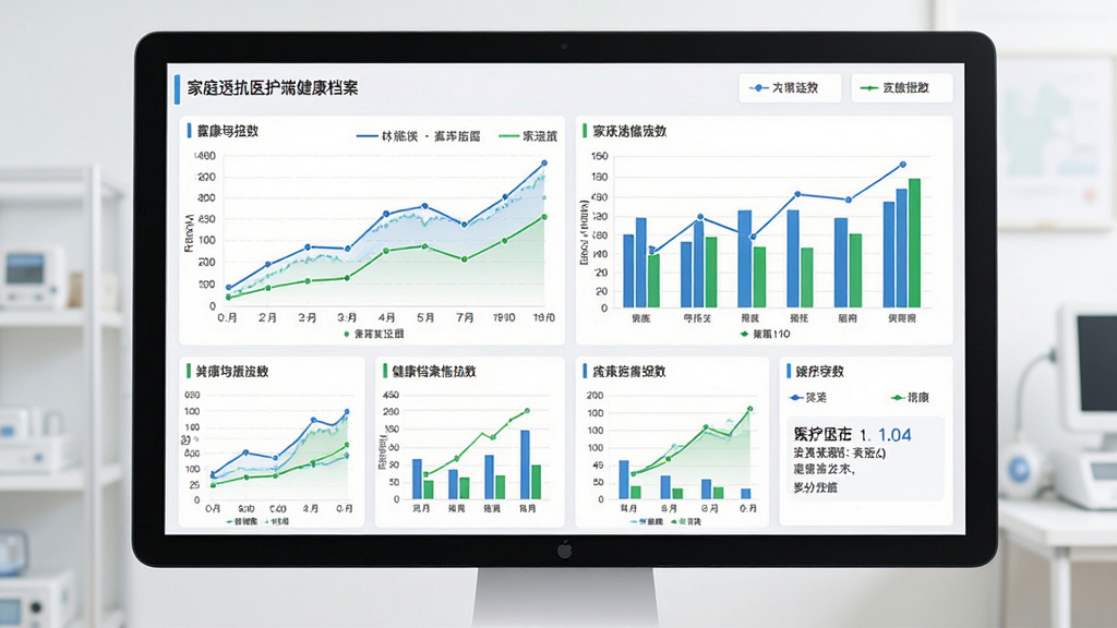 家庭透析医护端健康档案数据统计界面,主体为电脑屏幕展示折线图和柱状图组合看板,布局为网格状多图表排列,排版专业严谨,风格为医疗数据分析,细节包括蓝色和绿色数据曲线、坐标轴标签、统计摘要卡片,画质高清干净无多余元素