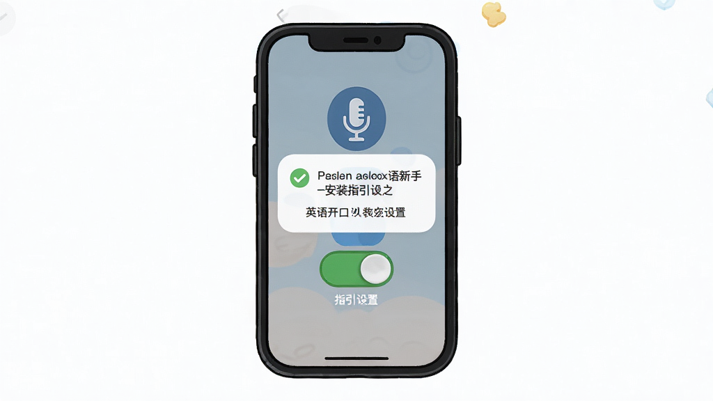爱开口英语新手安装设置界面,手机屏幕显示权限请求弹窗和麦克风图标,卡通风格,主体为手机和权限开关,布局居中,排版简洁,风格指引说明,细节有对勾和提示文字,画质高清,干净无多余元素