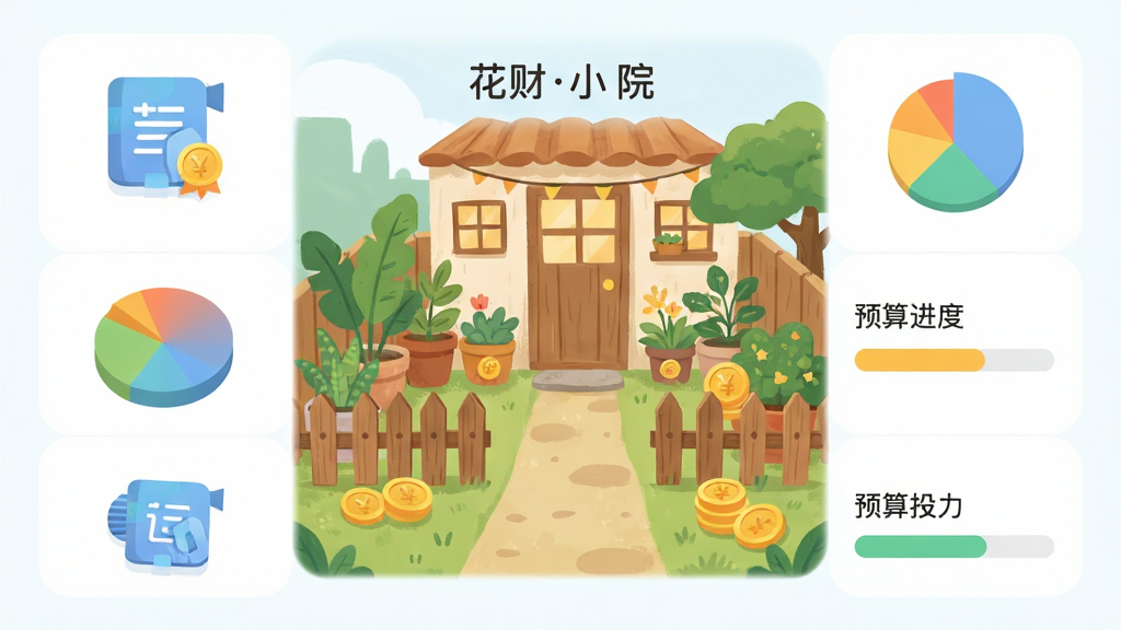 手机屏幕中央展示花财小院应用主界面,界面中有一个温馨的小院落插画风格背景,四周环绕着记账图标、饼状统计图、预算进度条等元素,整体布局居中对称,排版干净清爽,风格为扁平化插画风,细节包含绿色植物、木质栅栏、金币符号,画质高清,画面干净,无多余元素,图中标注文字“花财小院”