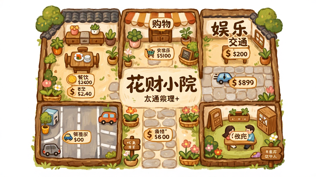 插画风格展示一个卡通院落俯瞰图,院落中划分出餐饮区、购物区、交通区、娱乐区等不同功能角落,每个角落配有对应图标和金额标签,主体位于画面中央,布局采用九宫格分区排版,风格为温暖手绘风,细节包含石板路、花草、小木牌,画质高清,画面干净,图中标注文字“花财小院”