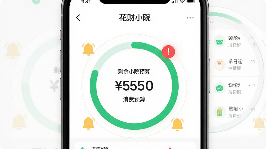 手机屏幕展示花财小院预算提醒界面,画面中央是一个大型进度圆环,圆环内显示剩余预算数字,周围环绕提醒铃铛图标和消费记录列表,布局采用上下结构排版,风格为清爽简约风,细节包含绿色进度条、红色警告标识,画质高清,画面干净,图中标注文字“花财小院”