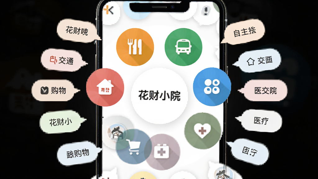 手机界面展示花财小院的分类标签管理页面,画面中央是多个彩色分类圆环图标,周围环绕自定义标签气泡,布局采用中心放射式排版,风格为现代扁平化设计,细节包含餐饮、交通、购物、医疗等图标,画质高清,画面干净,图中标注文字“花财小院”