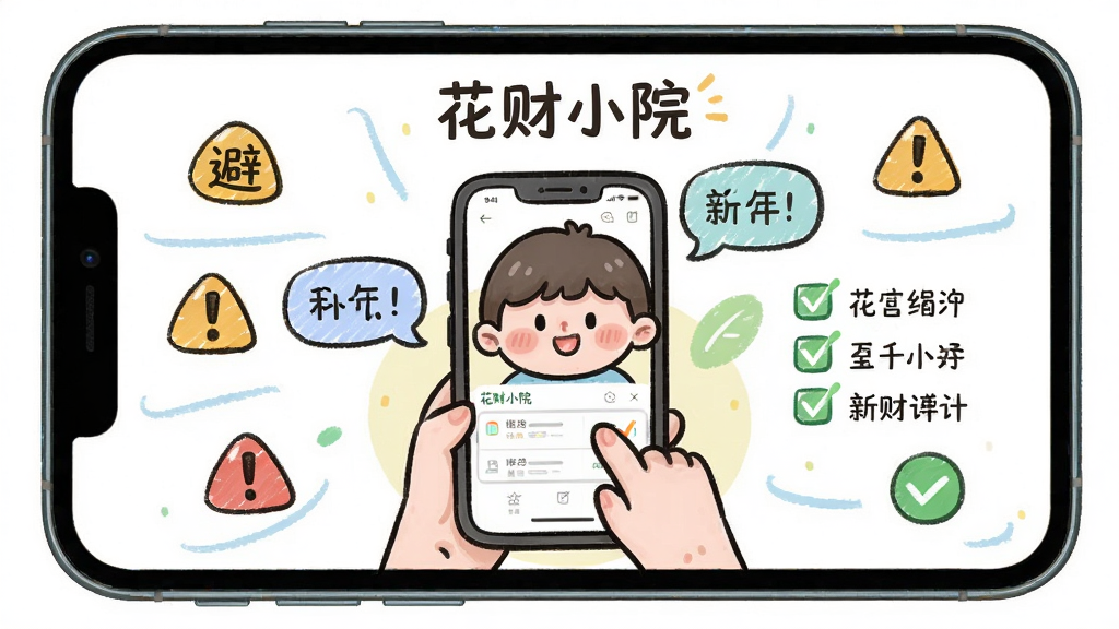 手机屏幕展示花财小院的新手引导页面,画面中央是一个卡通人物正在操作手机记账,周围环绕提示气泡和勾选清单,布局采用中心人物加环绕元素的排版,风格为轻松手绘风,细节包含避坑图标、警告标识、绿色对勾,画质高清,画面干净,图中标注文字“花财小院”
