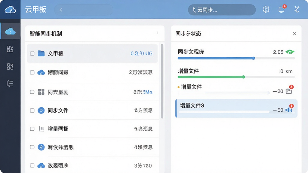 智能同步机制展示,主体为“云甲板”应用界面中的同步设置面板,布局为左侧文件列表右侧同步状态面板,排版采用左右分栏结构,风格为简约商务扁平化设计,细节包括同步进度条、网络状态图标、增量文件高亮标记,画质高清,干净,无多余元素