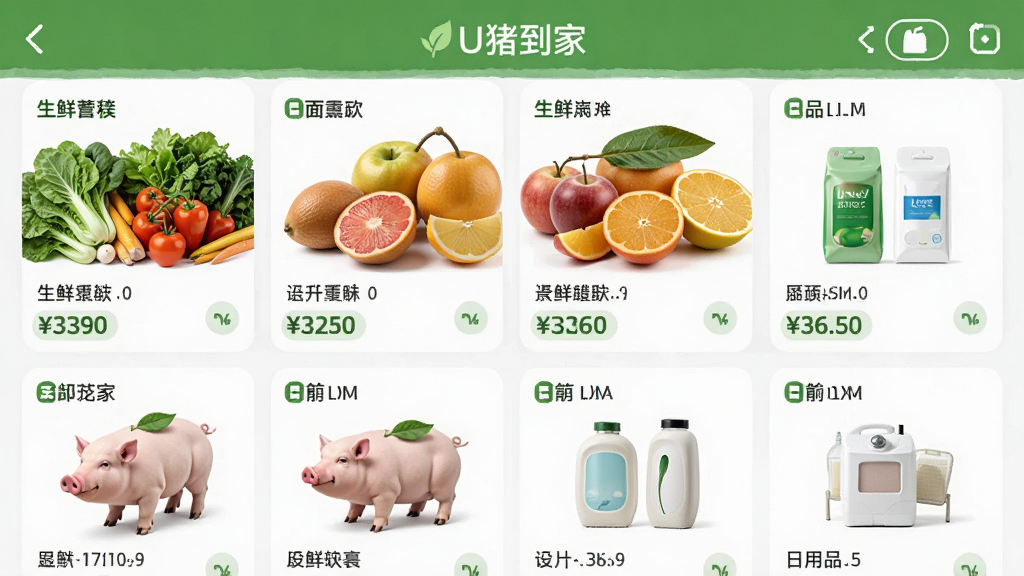U猪到家应用界面截图,画面中展示生鲜蔬菜、水果、日用品等多个商品分类模块,每个模块配有清晰的商品图片和价格标签,整体布局整齐,配色以绿色和白色为主,风格清新自然,画质清晰干净
