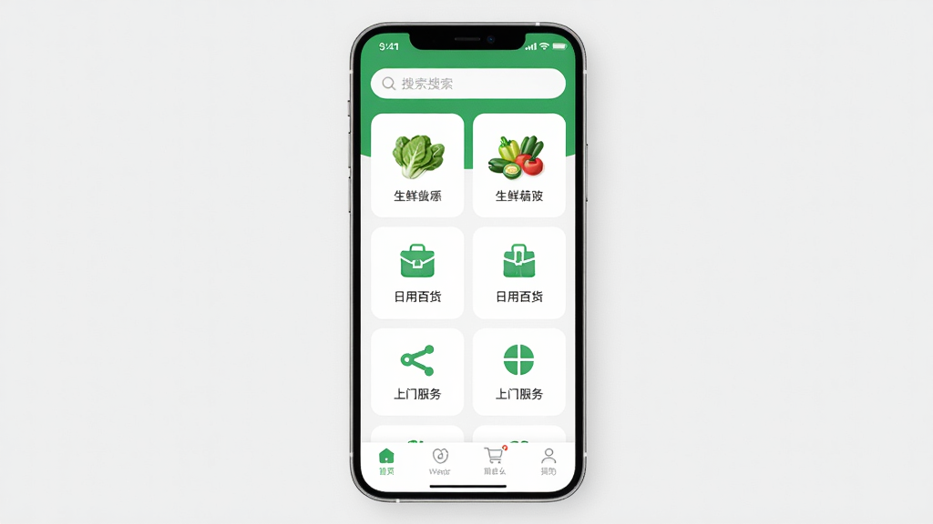 手机屏幕中展示U猪到家应用首页界面,整体采用绿色与白色搭配,顶部为搜索栏,中部有生鲜蔬菜、日用百货、上门服务等分类图标,底部为导航栏,背景为干净的浅灰色,画面风格清新简洁,细节清晰,画质高清,无多余元素