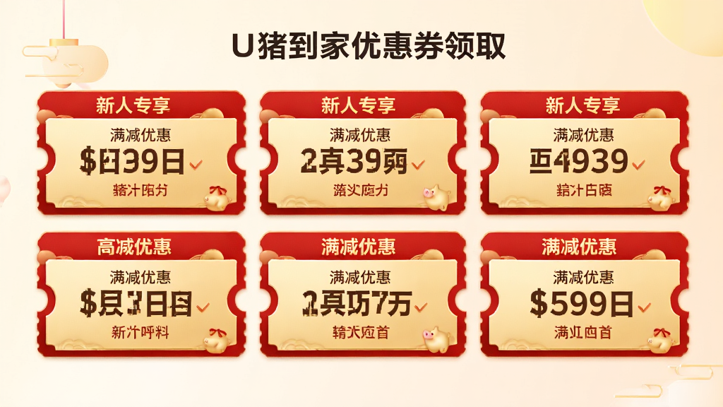 U猪到家优惠券领取页面,画面中展示多张不同面额的优惠券卡片,卡片采用红金配色,带有“新人专享”“满减优惠”等字样,背景为浅色渐变,整体风格喜庆且不失简洁,画质清晰