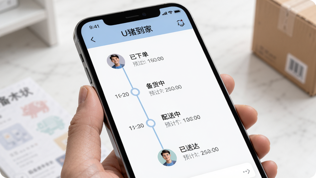 U猪到家订单追踪页面,手机屏幕上显示订单状态时间轴,包含已下单、备货中、配送中、已送达等节点,配送员头像和预计送达时间清晰可见,界面风格简洁现代,配色柔和,画质高清