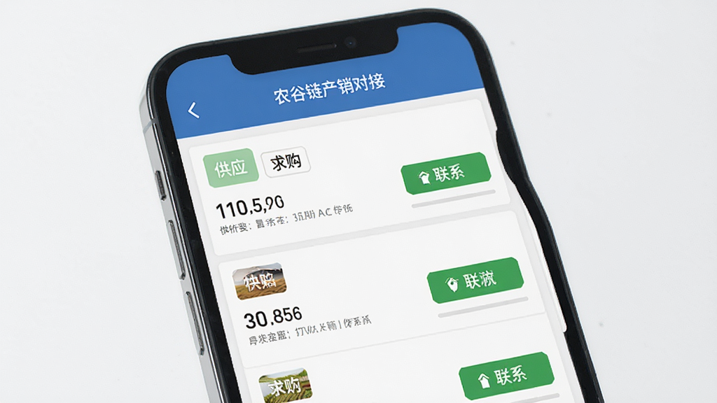 农谷链产销对接页面图,主体为手机屏幕显示供求列表,布局为上下分栏,风格商务简洁,细节包含“供应”“求购”标签、价格数字、联系按钮,画质高清,干净,无多余元素