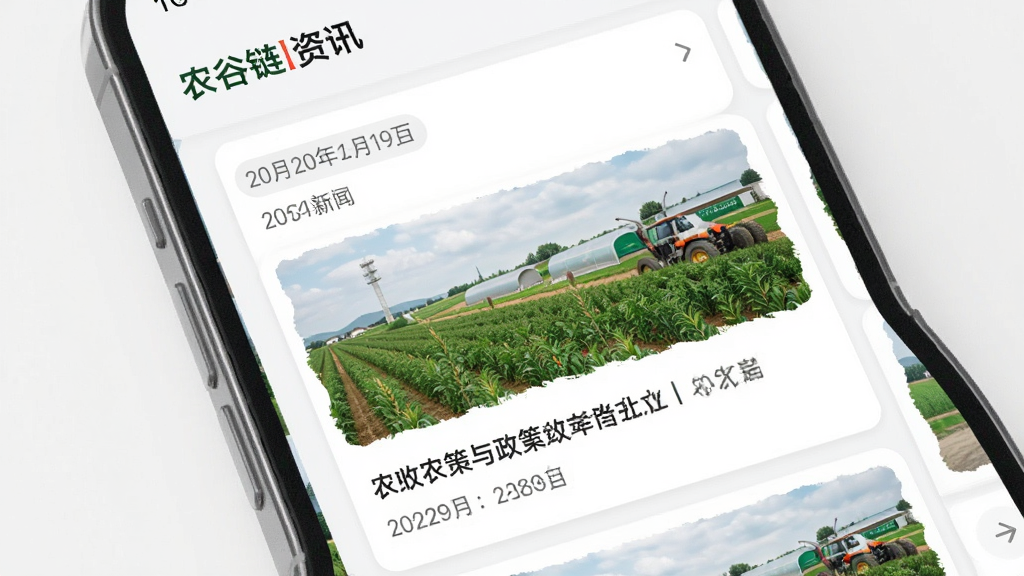 农谷链资讯页面预览图,主体为手机展示农业新闻卡片,布局为纵向信息流,风格现代简约,细节包含日期标签、政策标题、缩略图,画质清晰,干净,无多余元素