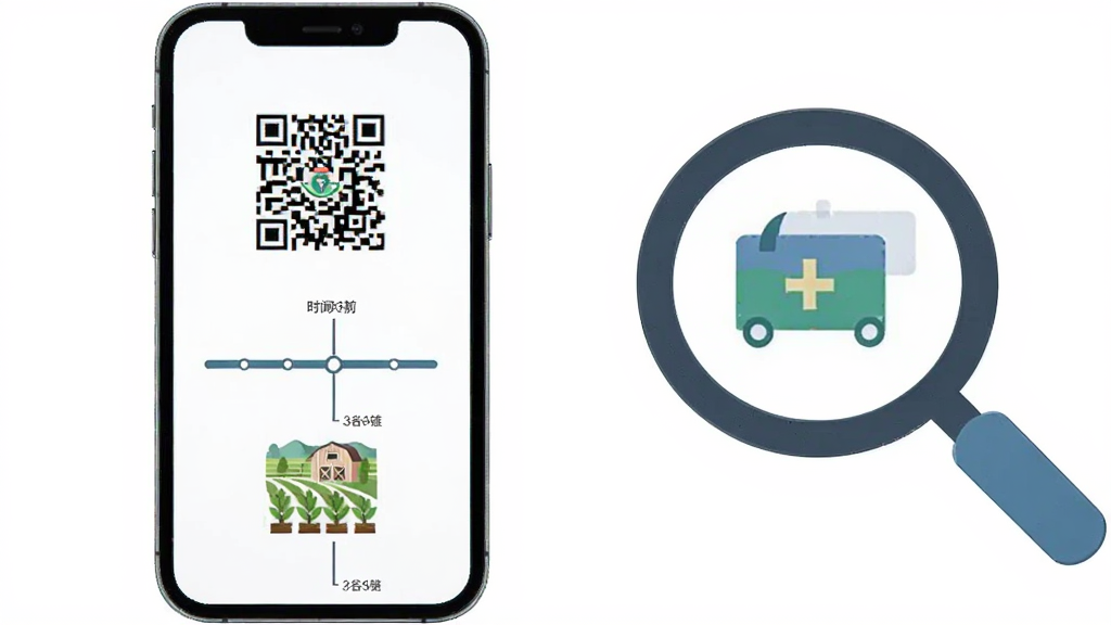 农谷链溯源功能界面图,主体为手机展示溯源链条时间轴,布局为左侧手机右侧放大镜图标,风格扁平化科技感,细节包含二维码、农场图标、物流图标,画质清晰,干净,无多余元素