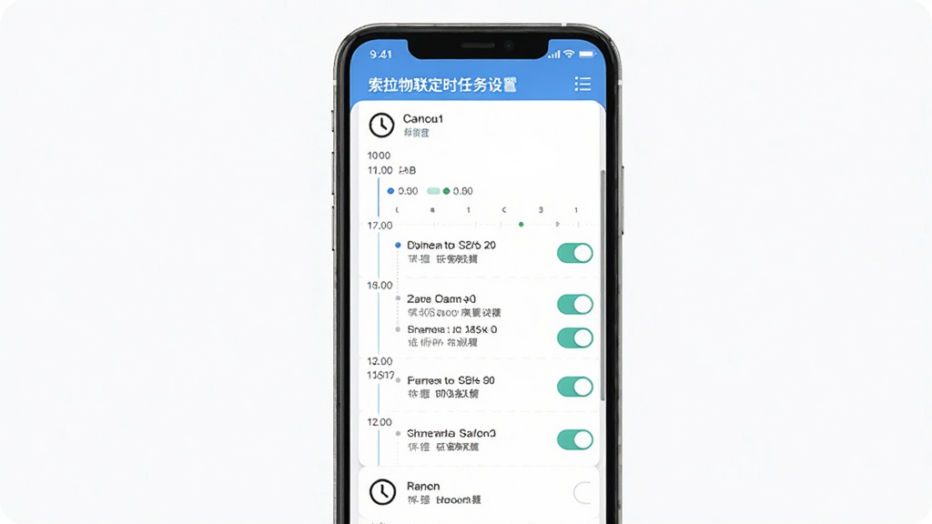 索拉物联定时任务设置界面,主体为手机屏幕展示时间轴与任务列表,布局为纵向排列,排版清晰易读,风格简约实用,细节上带有钟表图标与开关按钮,画质清晰,干净,无多余元素