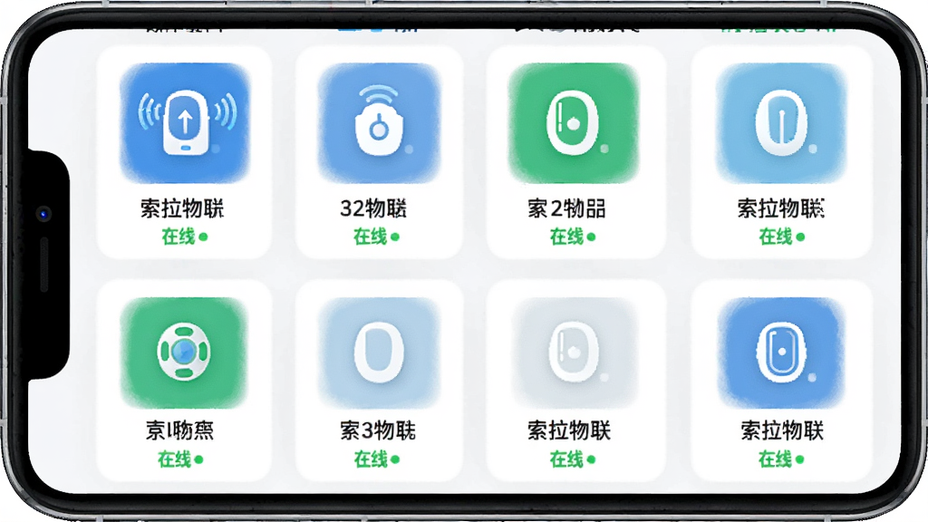 索拉物联应用内设备管理界面,主体为手机屏幕展示多个智能设备图标排列,布局为网格状,排版整齐有序,风格简洁明快,细节上每个设备图标下方带有名称与在线状态,画质清晰,干净,无多余元素