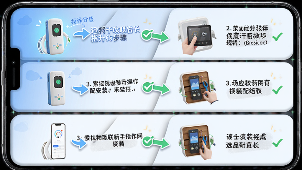 索拉物联新手操作指引,主体为手机屏幕展示安装与配网步骤,布局为分步图文说明,排版从上到下依次排列,风格友好教学风,细节上带有箭头引导与勾选标记,画质清晰,干净,无多余元素