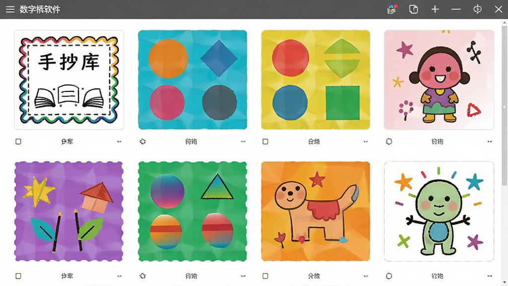 数字桥软件内模板库界面,展示多个彩色模板缩略图,包括手抄报边框、几何图形和简笔画示例,界面排列整齐,风格统一,画质干净,无多余元素