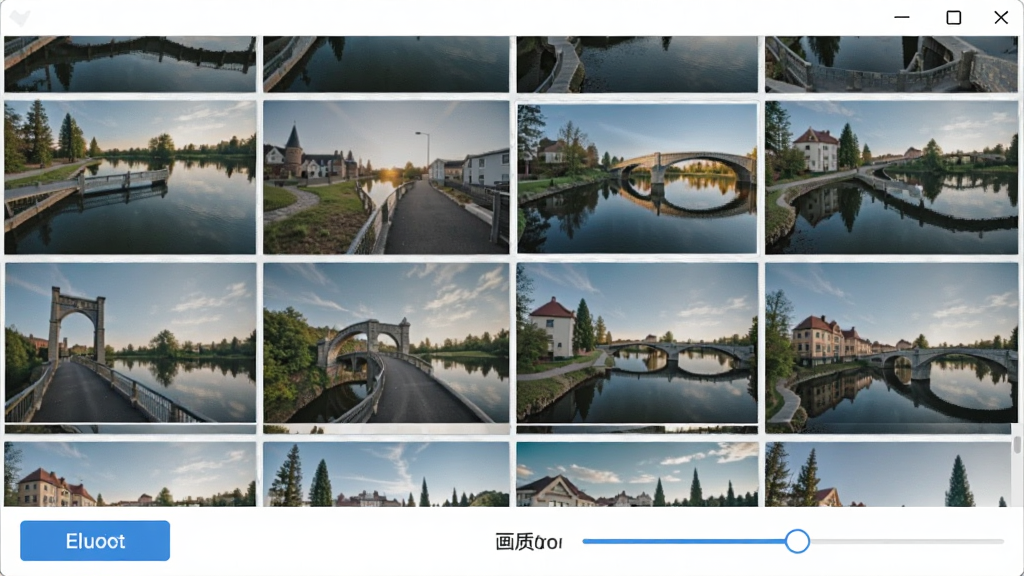数字桥软件图片拼接功能界面,画面显示多张照片被排列成网格布局,下方有导出按钮和画质调节滑块,界面简洁,风格现代,画质清晰,无多余元素