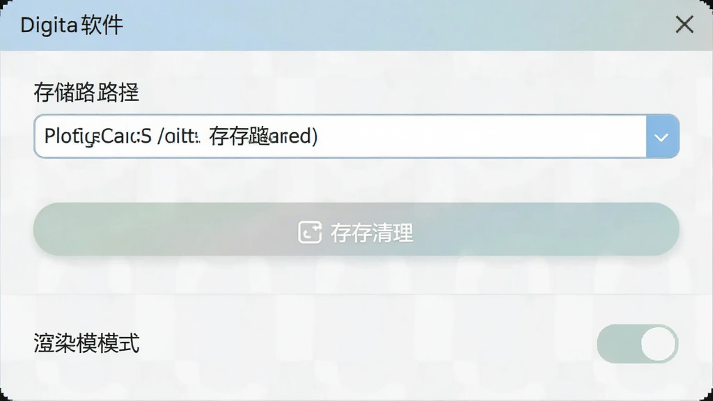 数字桥软件设置界面,显示存储路径选择、缓存清理按钮和渲染模式开关,界面风格简洁,配色柔和,画质清晰,无多余元素