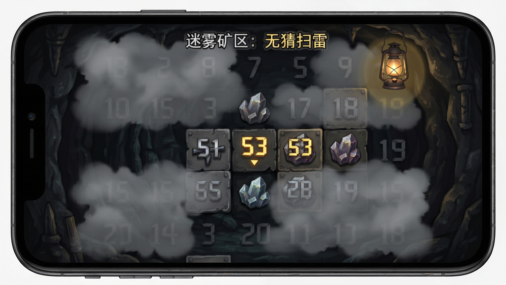 画面主体为“迷雾矿区:无猜扫雷”游戏中的动态迷雾探索场景,布局为手机屏幕内显示矿区格子,部分区域被灰色迷雾覆盖,已翻开区域露出数字和矿石图标,排版注重层次感,风格为暗黑奇幻矿洞风,细节包括迷雾边缘的渐变效果、矿灯照亮范围、数字高亮显示,画质高清,干净,无多余元素