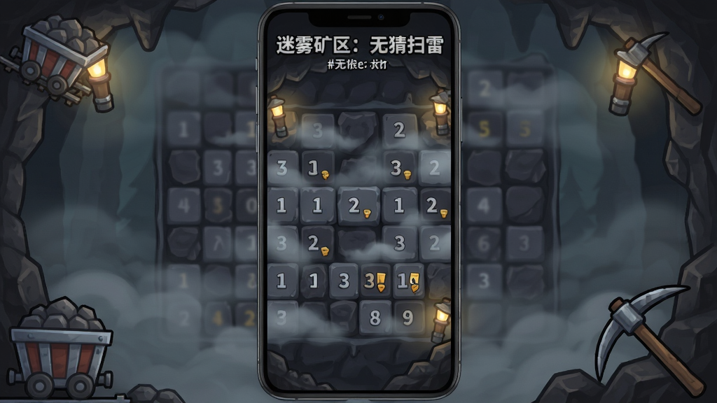 画面主体为一款名为“迷雾矿区:无猜扫雷”的手机游戏主界面,画面布局为竖屏手机屏幕展示,屏幕中央是布满迷雾的矿区方格棋盘,部分格子显示数字线索,角落有矿车和镐头元素,整体排版简洁清晰,风格为暗黑卡通矿洞探险风,细节包括微弱的矿灯光晕、岩石纹理、数字标识清晰可见,画质高清,画面干净,无多余元素