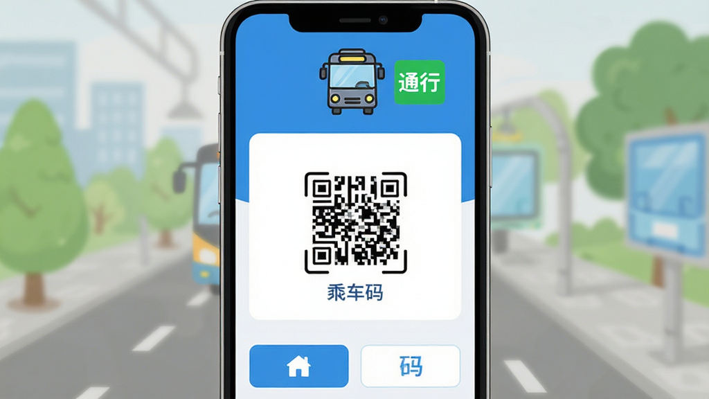 手机屏幕正中央展示公交车一通行软件主界面,上方是公交车卡通图标与绿色通行标识,中部为乘车码扫码演示区域,下方排列功能按钮,整体布局简洁,扁平化设计风格,蓝白配色,细节清晰,画质干净,无多余元素
