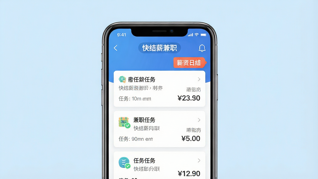 快结薪兼职软件主界面展示,画面中央是一部智能手机,屏幕显示兼职任务列表和薪资日结标签,背景是干净的浅蓝色渐变,主体突出手机和屏幕内容,布局采用居中构图,排版简洁清晰,风格为现代扁平化UI设计,细节包含任务卡片、金额数字和“快结薪兼职”文字标识,画质高清,画面干净,无多余元素