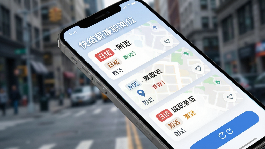 快结薪兼职岗位列表页面,画面主体为手机屏幕特写,屏幕中显示多个兼职岗位卡片,包含“日结”“附近”等标签,背景为虚化的城市街景,布局采用对角线构图,排版错落有致,风格为写实科技风,细节有地图定位图标和刷新按钮,画质清晰,画面干净,无多余元素