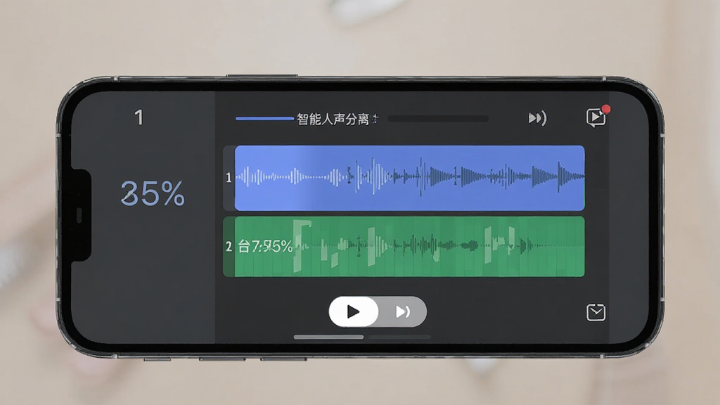 来音伴奏智能人声分离功能界面,画面主体为手机屏幕显示音频导入后的人声与伴奏双轨道分离界面,布局为上下分栏排版,风格为简洁扁平化设计,细节包含分离进度百分比与播放试听按钮,画质清晰干净无多余元素