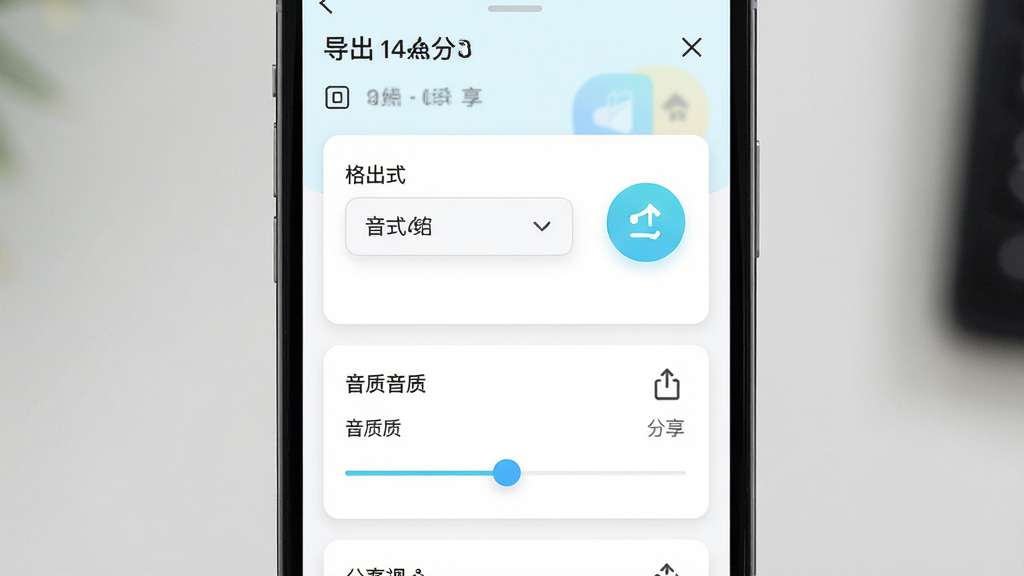 来音伴奏多格式导出与分享界面,画面主体为手机屏幕显示导出设置面板与分享图标,布局为卡片式列表排版,风格为清新浅色UI设计,细节包含格式选择下拉菜单与音质调节滑块,画质高清干净无多余元素