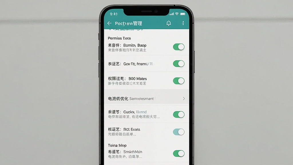 来音伴奏新手安装与权限设置示意图,画面主体为手机屏幕显示权限管理列表与电池优化白名单界面,布局为纵向列表排版,风格为系统原生UI风格,细节包含开关按钮与提示文字,画质清晰干净无多余元素